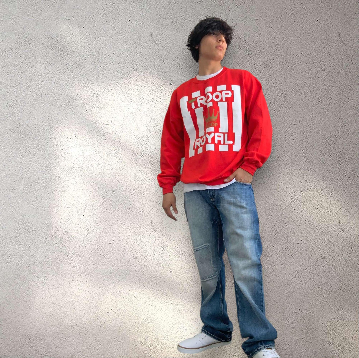 Men's Troop Red White Fleece Pull Over Crewneck NWT