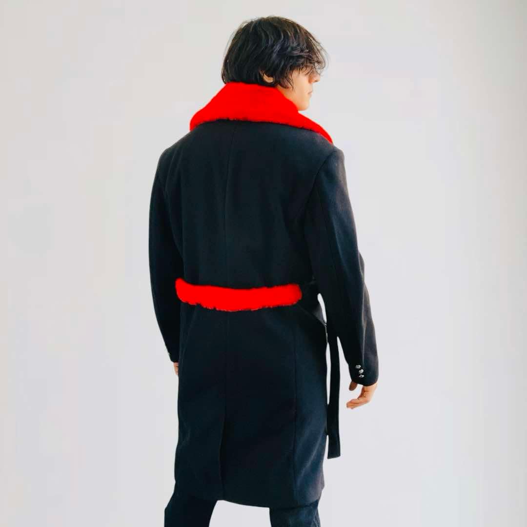 Men's Manzini Black | Red Faux Fur Casual Overcoat NWT