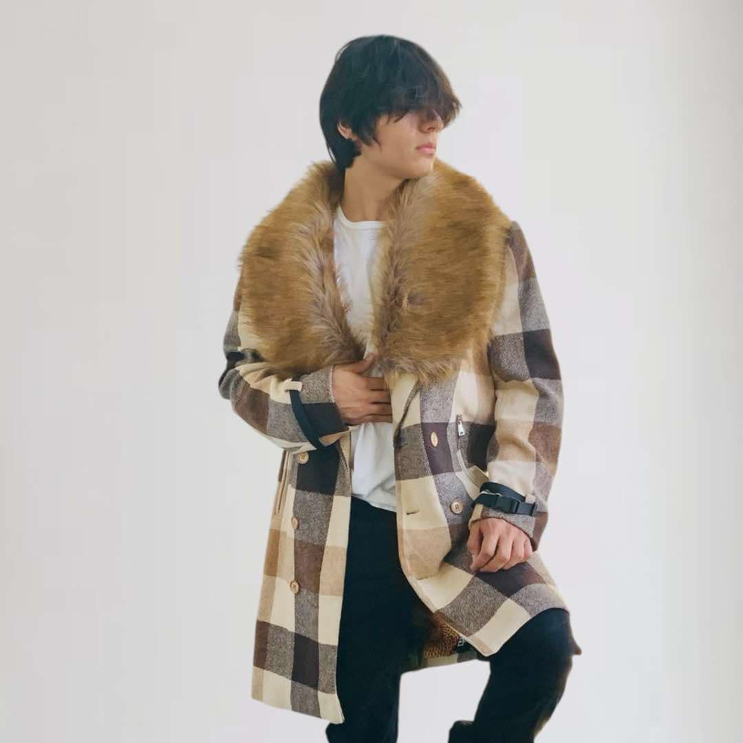 Men's Manzini Brown | Tan Plaid Faux Fur Casual Overcoat NWT