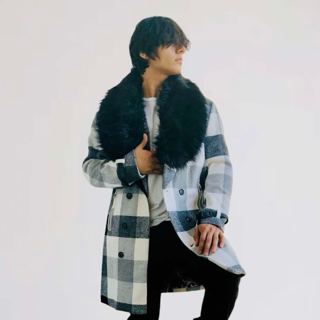 Men's Manzini Black | White Plaid Faux Fur Casual Overcoat NWT
