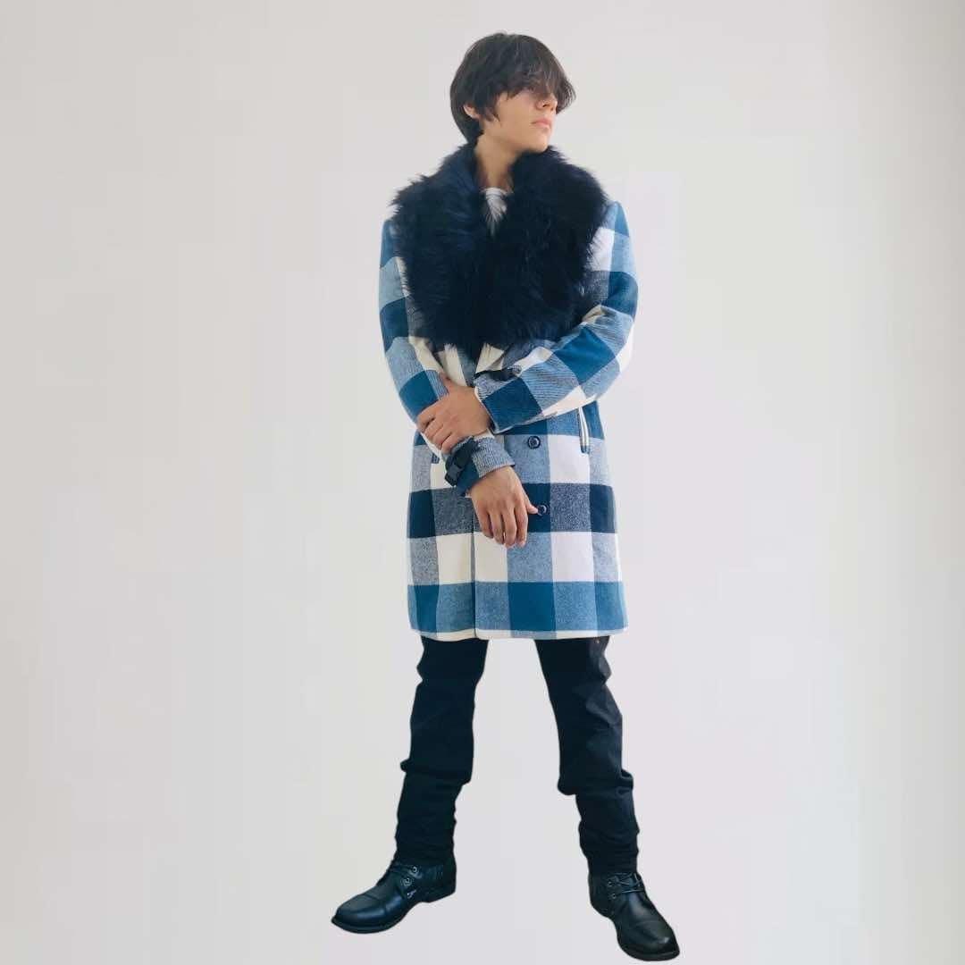 Men's Manzini Blue | White Plaid Faux Fur Casual Overcoat NWT