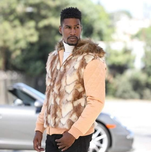 Men's Manzini Copper | Ivory Faux Fur Hooded Casual Jacket NWT