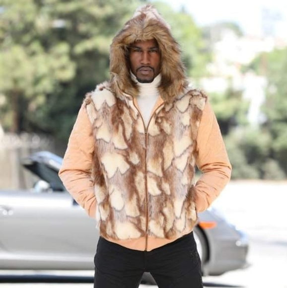 Men's Manzini Copper | Ivory Faux Fur Hooded Casual Jacket NWT