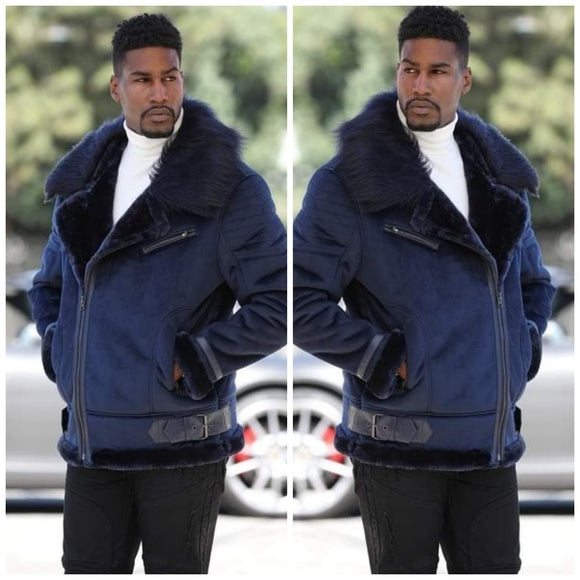 Men's Manzini Navy Faux Fur Winter Jacket NWT