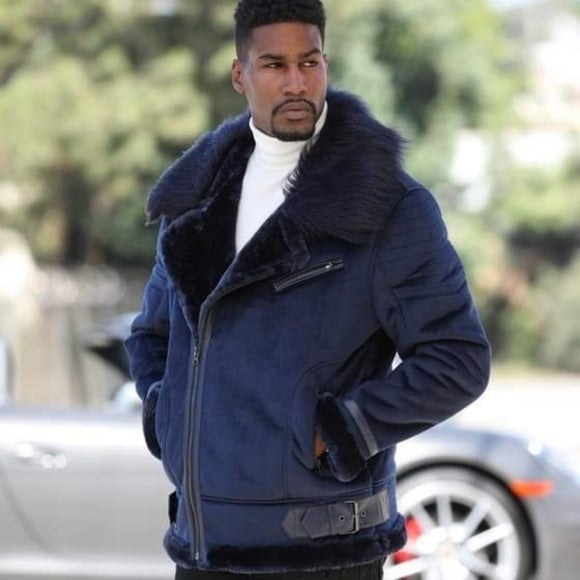 Men's Manzini Navy Faux Fur Winter Jacket NWT