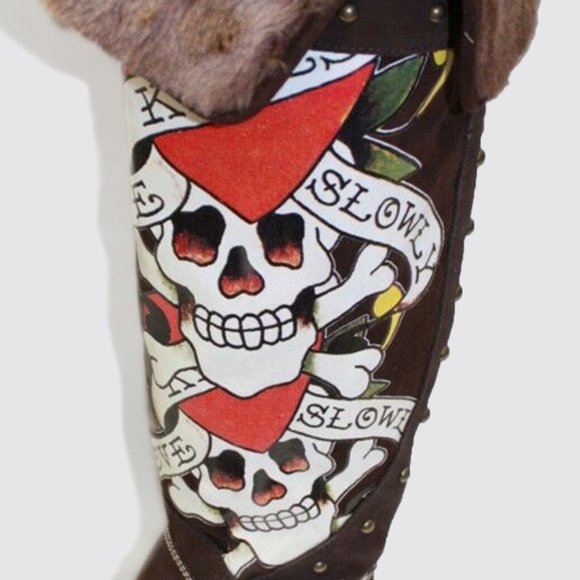 Women's Ed Hardy Love Kills Slowly Brown w/ Fur 14" Boots