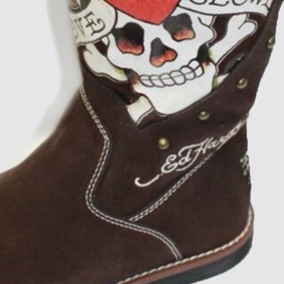 Women's Ed Hardy Love Kills Slowly Brown w/ Fur 14" Boots