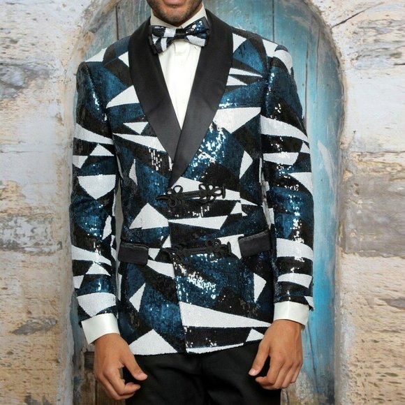 Men's Manzini Blue | White | Black Fancy Sequins Casual Blazer NWT