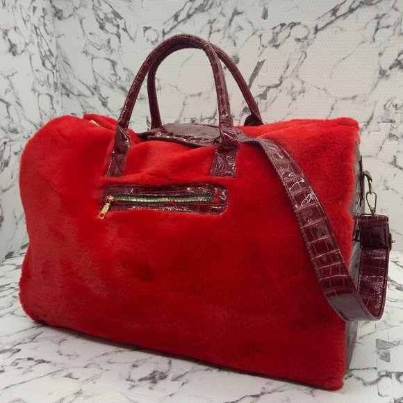 Men's Manzini Red | Burgundy Faux Fur Large Duffle Bag NWT