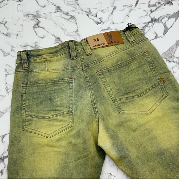 Men's Makobi Lime | White Distressed Ripped Denim Shorts NWT