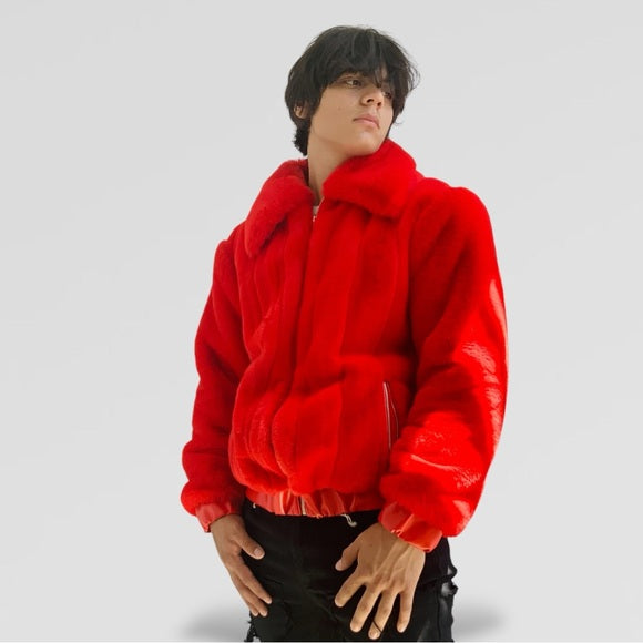 Men’s Manzini Faux Fur Red Fuzzy Casual Coat NWT