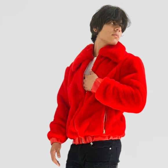 Men’s Manzini Faux Fur Red Fuzzy Casual Coat NWT