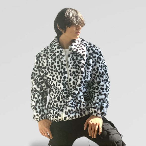 Men's Manzini White | Black Leopard Faux Fur Fuzzy Winter Casual Coat NWT