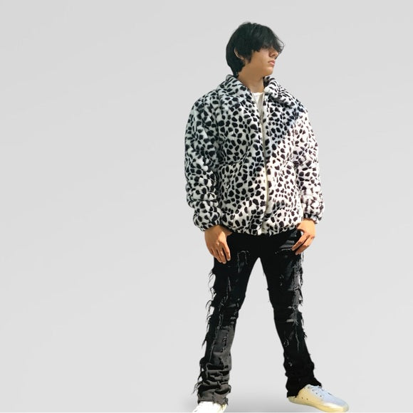 Men's Manzini White | Black Leopard Faux Fur Fuzzy Winter Casual Coat NWT