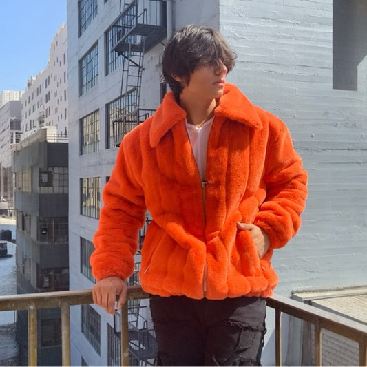 Men's Manzini Orange Faux Fur Fuzzy Casual Coat NWT