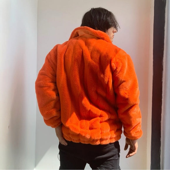 Men's Manzini Orange Faux Fur Fuzzy Casual Coat NWT