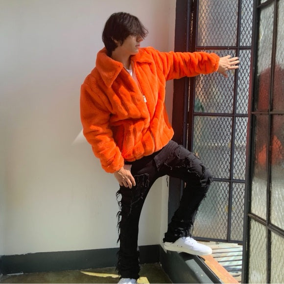 Men's Manzini Orange Faux Fur Fuzzy Casual Coat NWT