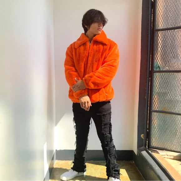 Men's Manzini Orange Faux Fur Fuzzy Casual Coat NWT