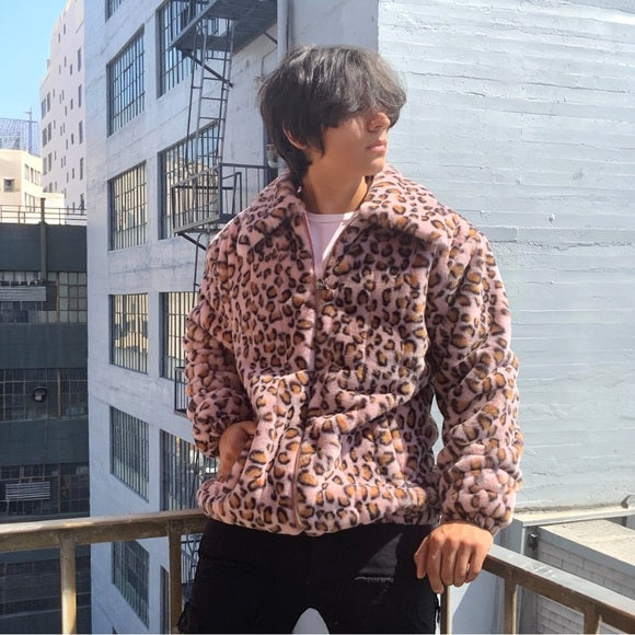 Men's Manzini Pink | Brown Leopard Faux Fur Fuzzy Casual Coat NWT