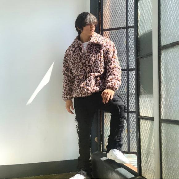 Men's Manzini Pink | Brown Leopard Faux Fur Fuzzy Casual Coat NWT