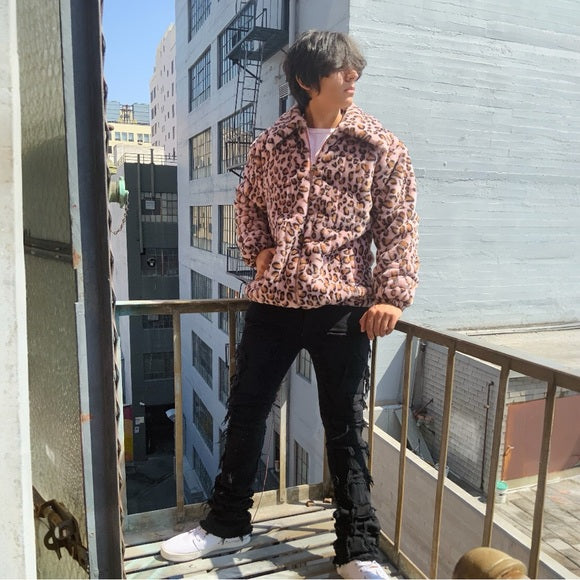 Men's Manzini Pink | Brown Leopard Faux Fur Fuzzy Casual Coat NWT
