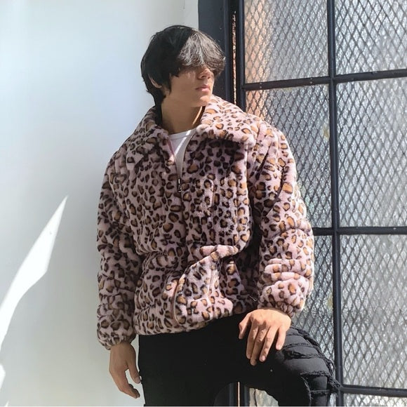 Men's Manzini Pink | Brown Leopard Faux Fur Fuzzy Casual Coat NWT