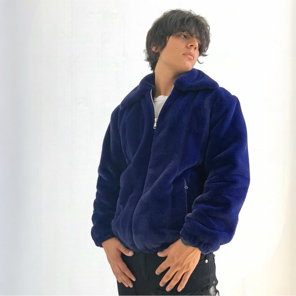 Men's Manzini Navy Faux Fur Fuzzy Casual Coat NWT