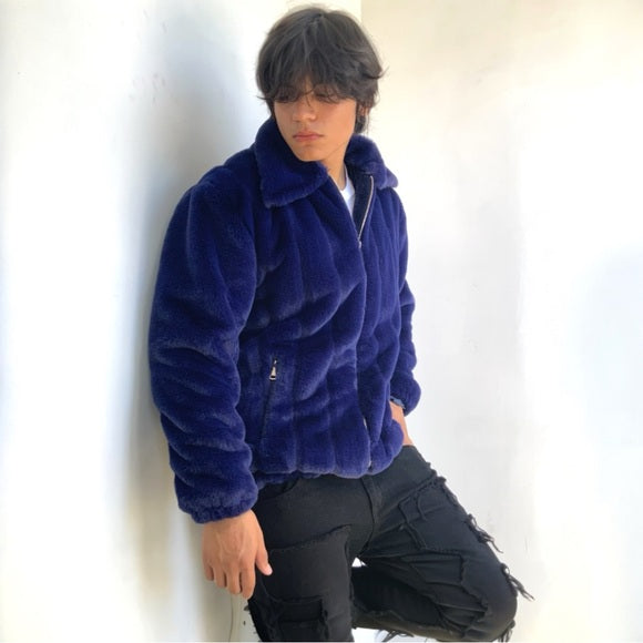 Men's Manzini Navy Faux Fur Fuzzy Casual Coat NWT