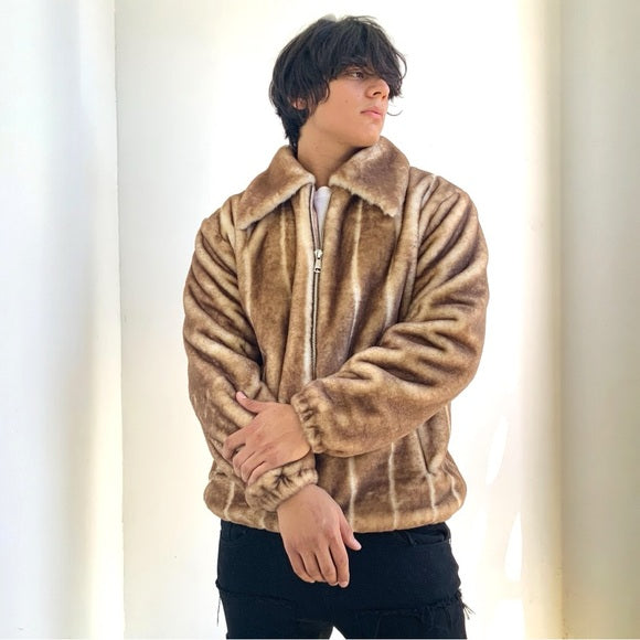 Men's Manzini Brown | White Faux Fur Fuzzy Casual Coat NWT