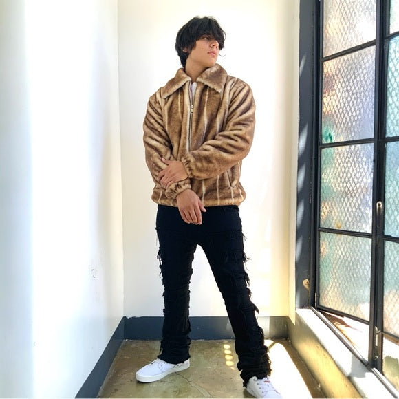 Men's Manzini Brown | White Faux Fur Fuzzy Casual Coat NWT