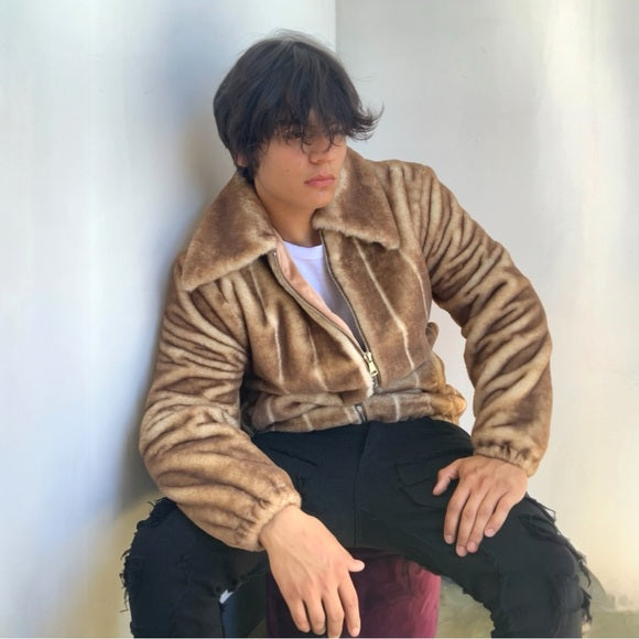 Men's Manzini Brown | White Faux Fur Fuzzy Casual Coat NWT