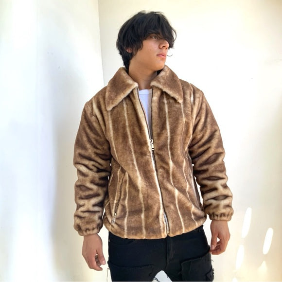Men's Manzini Brown | White Faux Fur Fuzzy Casual Coat NWT