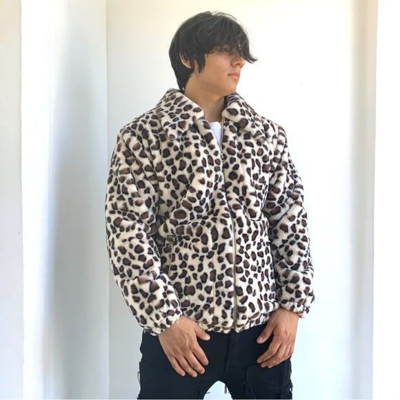 Men's Manzini Beige | Brown Leopard Faux Fur Fuzzy Casual Coat NWT