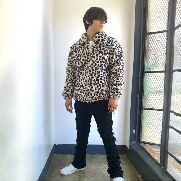 Men's Manzini Beige | Brown Leopard Faux Fur Fuzzy Casual Coat NWT