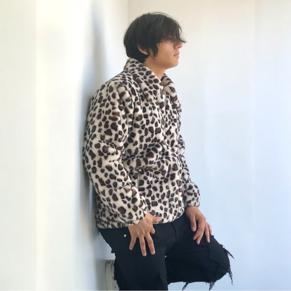 Men's Manzini Beige | Brown Leopard Faux Fur Fuzzy Casual Coat NWT