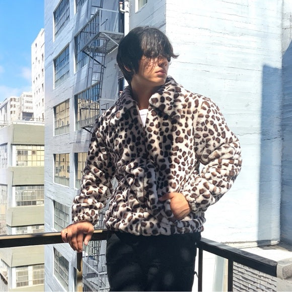 Men's Manzini Beige | Brown Leopard Faux Fur Fuzzy Casual Coat NWT