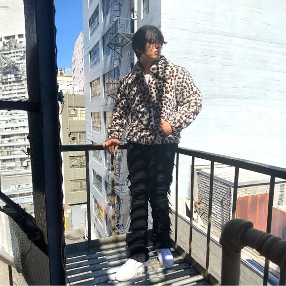 Men's Manzini Beige | Brown Leopard Faux Fur Fuzzy Casual Coat NWT