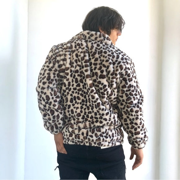 Men's Manzini Beige | Brown Leopard Faux Fur Fuzzy Casual Coat NWT