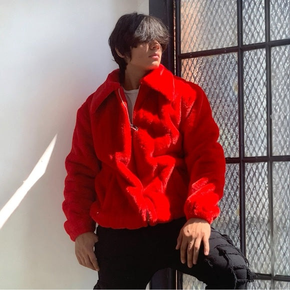 Men's Manzini Red Faux Fur Fuzzy Casual Coat NWT