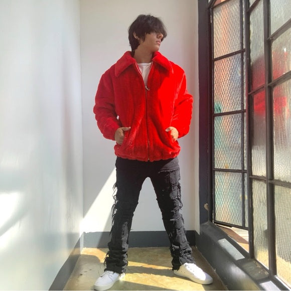 Men's Manzini Red Faux Fur Fuzzy Casual Coat NWT