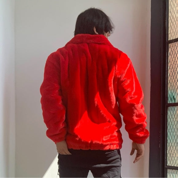 Men's Manzini Red Faux Fur Fuzzy Casual Coat NWT