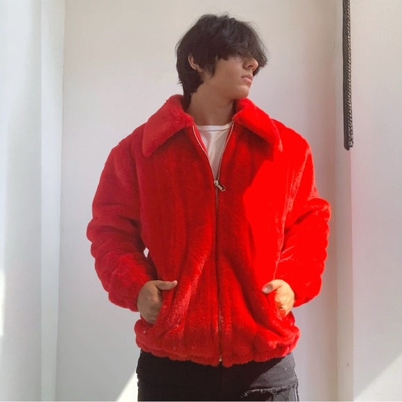 Men's Manzini Red Faux Fur Fuzzy Casual Coat NWT
