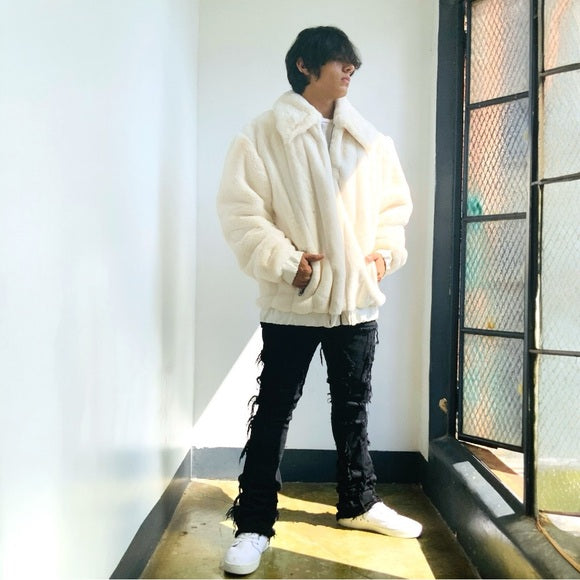 Men's Manzini Ivory Faux Fur Fuzzy Casual Coat NWT