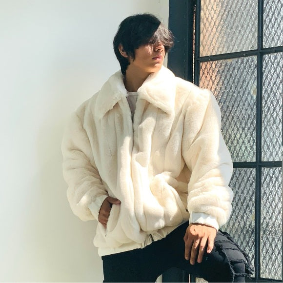 Men's Manzini Ivory Faux Fur Fuzzy Casual Coat NWT