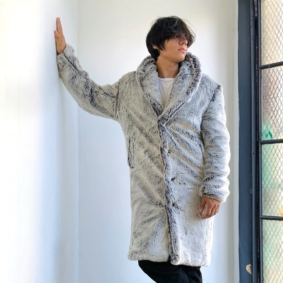 Men's Manzini Silver Faux Fur Luxury Winter Overcoat NWT