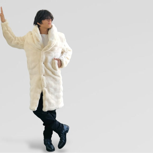Men's Manzini Ivory Faux Fur Luxury Winter Overcoat NWT