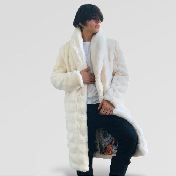 Men's Manzini Ivory Faux Fur Luxury Winter Overcoat NWT
