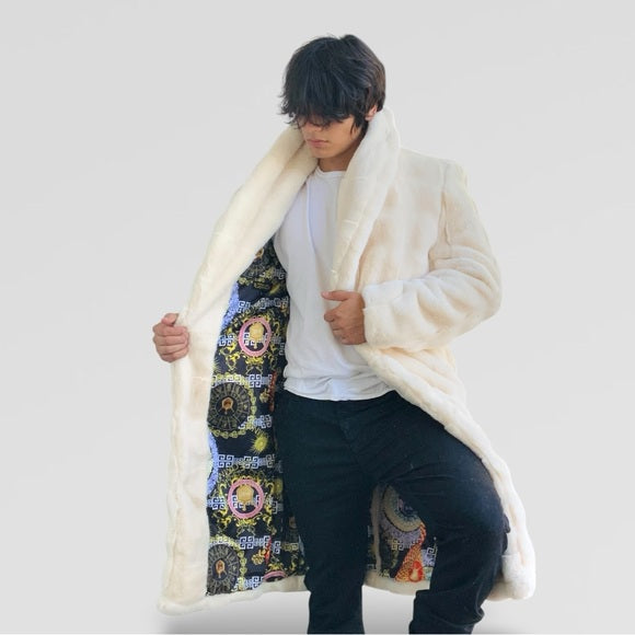 Men's Manzini Ivory Faux Fur Luxury Winter Overcoat NWT