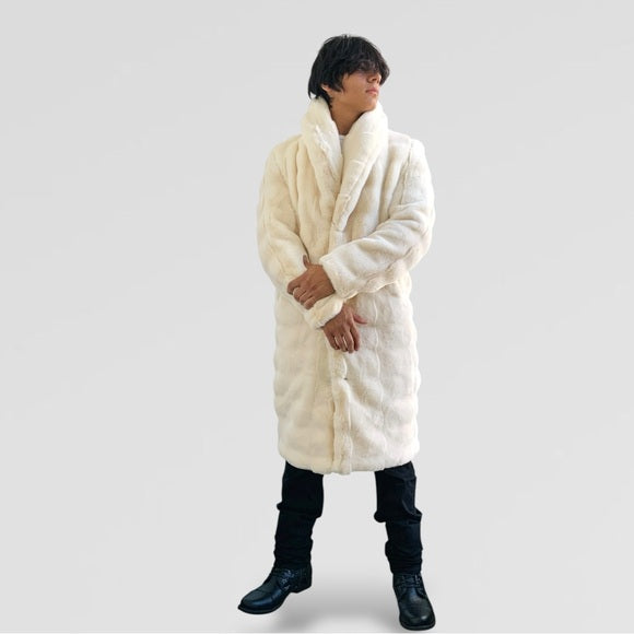 Men's Manzini Ivory Faux Fur Luxury Winter Overcoat NWT