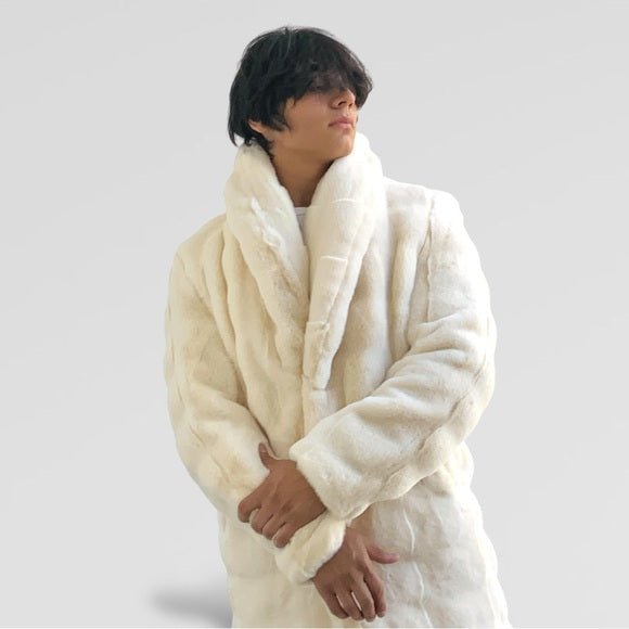 Men's Manzini Ivory Faux Fur Luxury Winter Overcoat NWT